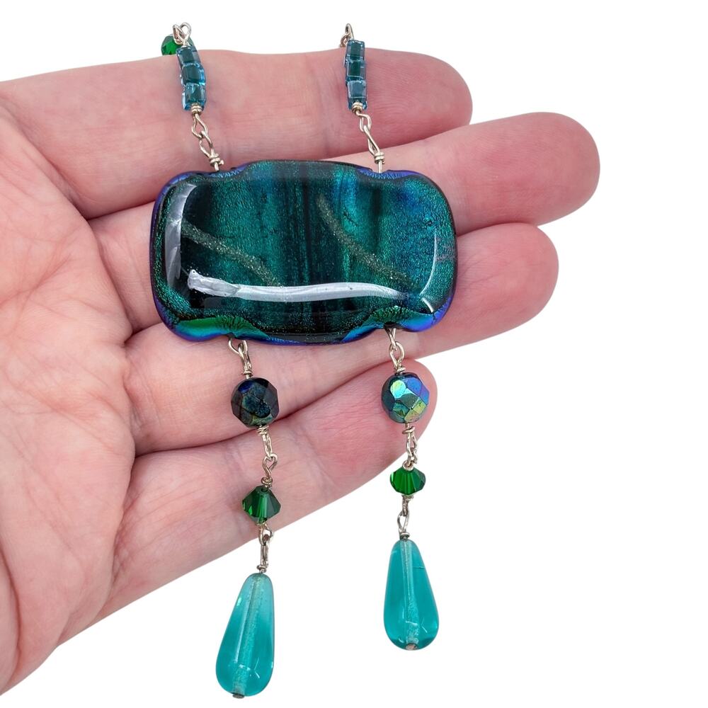 Vintage Sterling Silver 925 Dichroic Glass Beaded Necklace 18.5"